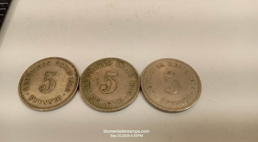 1908 1912 1914 German Empire 5 Pfennig Copper-Nickel Coin Set KM#11